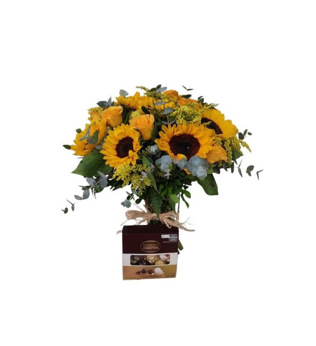 Buquê de Girassois com Rosas Amarelas e Ferrero Collection
